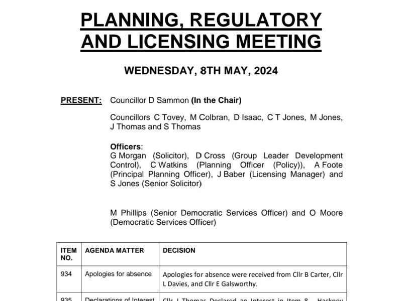 Draft minutes – Planning, Regulatory and Licensing – Wednesday, 8th May, 2024