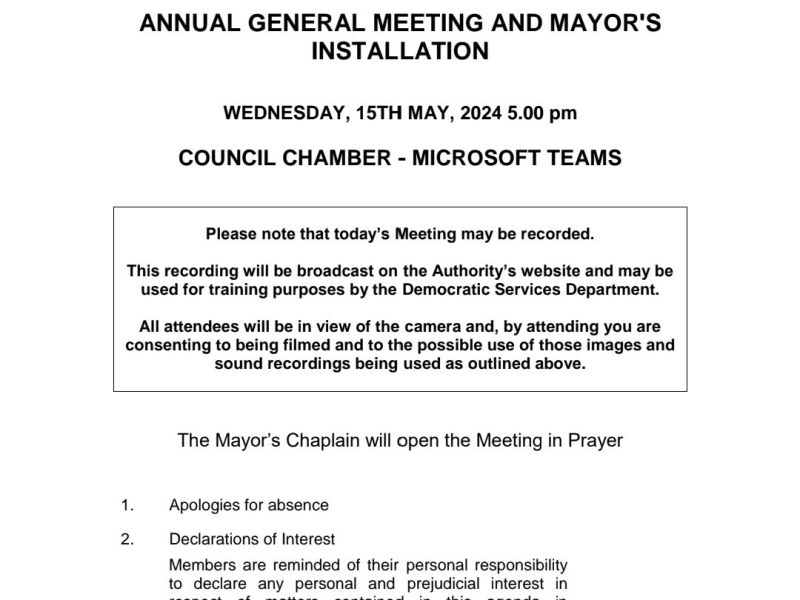 Agenda for Annual General Meeting and Mayor’s Installation on Wednesday, 15th May, 2024, 5.00 pm